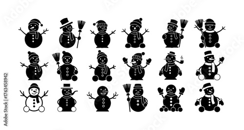 Festive collection of silhouette snowmen in various joyful poses and winter attire