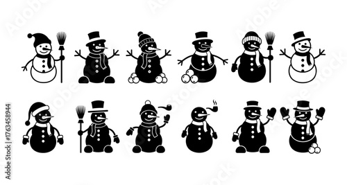 Festive snowman silhouettes in winter attire on white background