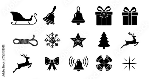 Christmas silhouette icons: sleighs, bells, gifts, and winter symbols