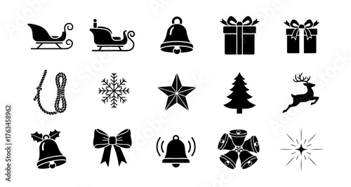 Festive christmas icons set featuring sleighs, bells, gifts, and more in black silhouette style
