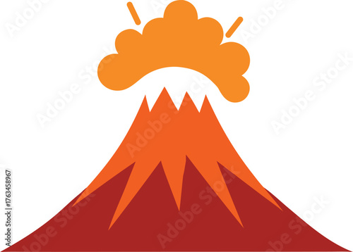  Stylized illustration of a red volcano erupting with orange smoke and ash