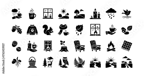Cozy autumn elements collection: nature, animals, and relaxation icons