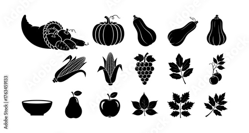Harvest silhouettes: cornucopia, fruits, and vegetables in bold black designs
