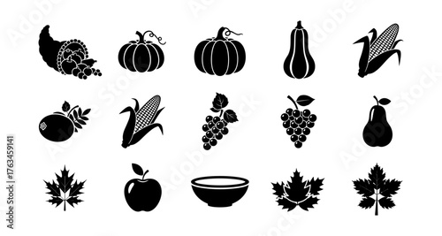 Silhouette harvest icons: autumn fruits, vegetables, and leaves in black