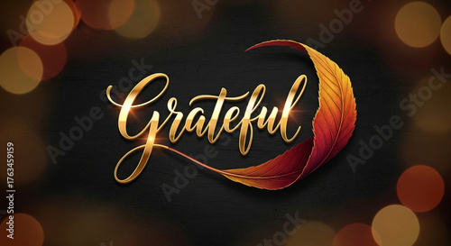 Golden word "Grateful" and autumnal leaf on dark backdrop with bokeh lights, embodying thankfulness, abundance, perfect for seasonal themes