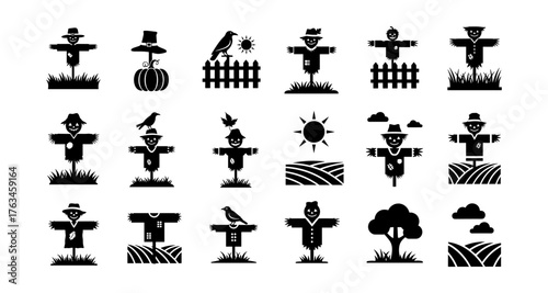 Set of harvest themed scarecrow silhouettes with farm elements