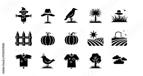Black silhouette icons of farm elements and nature for fall and harvest themes