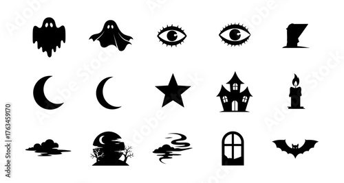 Spooky silhouettes collection: ghosts, moon, haunted house, candle, bat