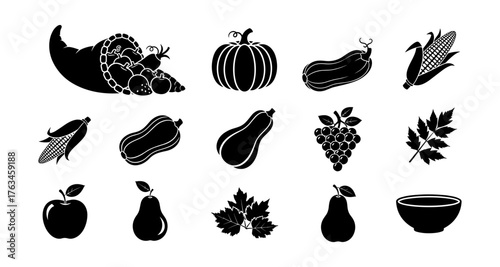 Harvest fruit and vegetable silhouettes: seasonal autumn icons