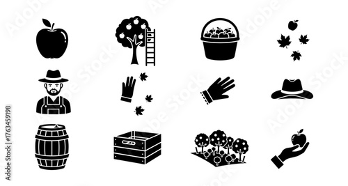 Apple harvest icons set: farming, orchard, and autumn elements in silhouette style