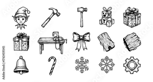 Hand drawn christmas tools and decorations set with gifts and snowflakes