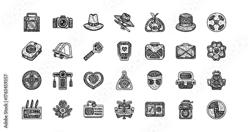 Hand drawn vintage camera and travel icon set in sketch style