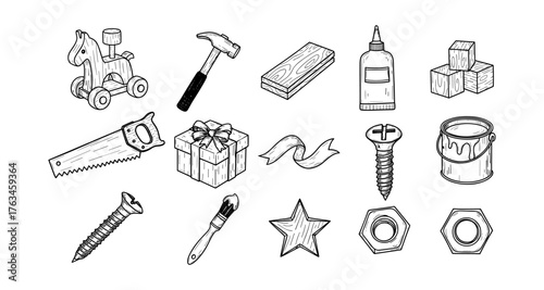 Hand-drawn tools and objects collection: hammer, glue, wood, and more in black and white