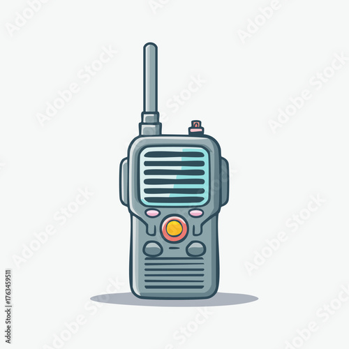 Illustration of a gray walkie talkie device with antenna and buttons.