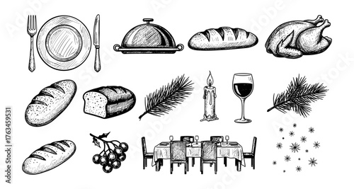 Hand drawn festive dinner elements with bread, roast, and wine