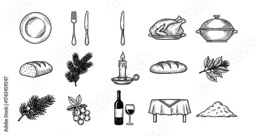 Hand drawn vintage dinnerware and food sketches for festive occasions decor