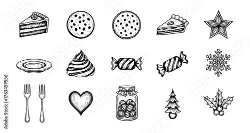 Hand-drawn desserts and festive icons with winter holiday theme