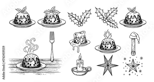 Hand drawn christmas desserts and decorations with holly and star elements for festive designs