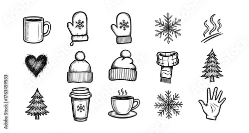 Cozy winter doodle collection: warm drinks, clothing, and snowflakes in hand-drawn style