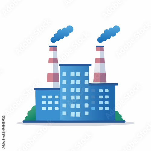Industrial factory building with smokestacks emitting pollution.