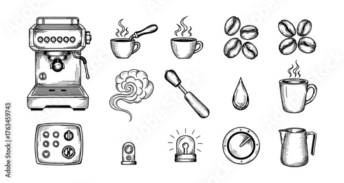 Vintage coffee brewing elements set with espresso machine and beans