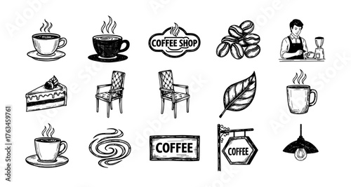Hand drawn coffee elements with cups, beans, and cafe decor