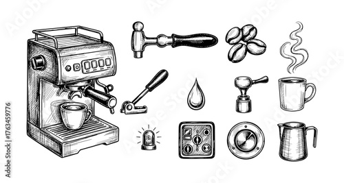 Vintage coffee equipment and accessories in hand-drawn style