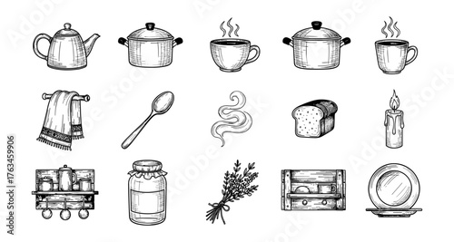 Monochrome kitchen essentials sketch set with teapot, crockery, and more