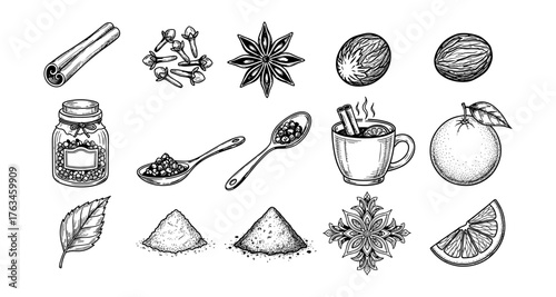 Hand-drawn spice collection with star anise, cinnamon, and citrus