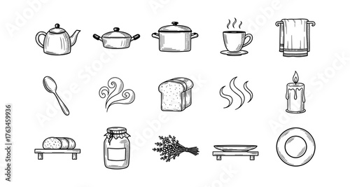 Vintage kitchen items collection with hand drawn elements in black and white