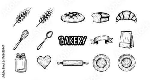 Hand-drawn bakery elements with bread, wheat, and tools for culinary design