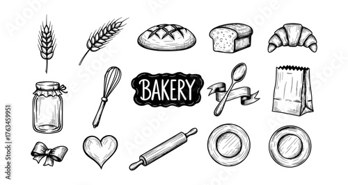 Hand drawn bakery elements with bread, croissants, and utensils