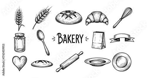 Hand drawn bakery elements with bread and baking tools in black and white