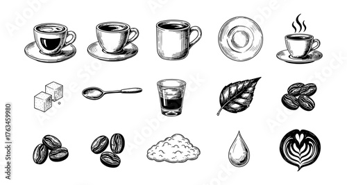 Elegant coffee elements set with beans, cups, and accessories in vintage style