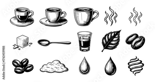 Hand drawn coffee icons: cups, beans, leaves, and accessories