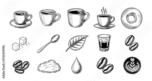 Vintage coffee elements: hand-drawn collection of cups, beans, and accessories