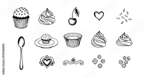 Hand-drawn dessert icons featuring cupcakes, ice cream, and decorative elements