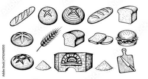 Artisan bread collection: rustic hand drawn bakery and oven elements