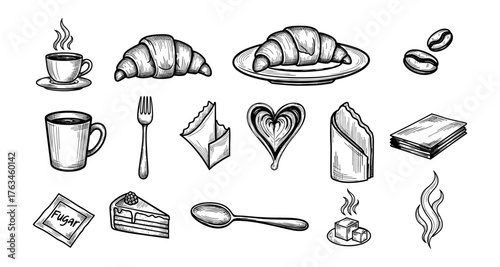 Hand drawn coffee and pastry elements including croissants and cake