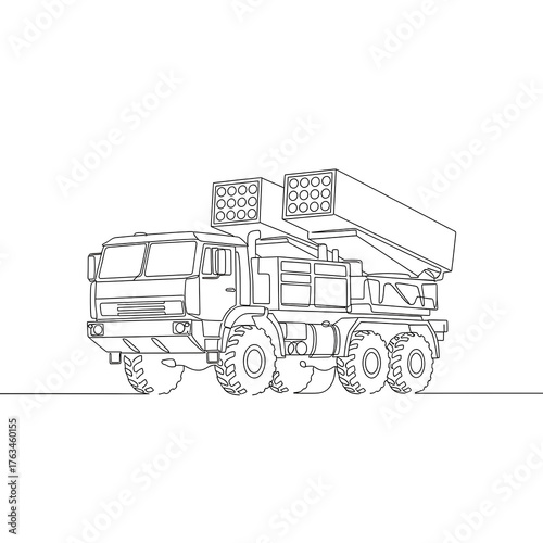 Military Vehicle Outline: A detailed line drawing showcases a powerful military vehicle, highlighting its rugged design and strategic purpose.