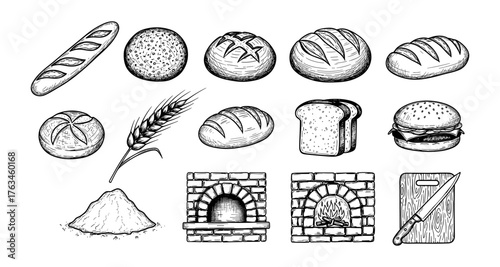 Hand drawn bakery elements set with bread, flour, and oven illustrations