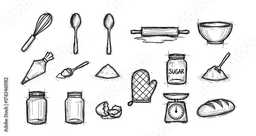 Hand-drawn kitchen utensils and baking ingredients in sketch style