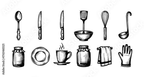 Hand drawn kitchen utensils set: vintage cooking tools and accessories