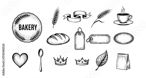 Hand-drawn bakery icons with bread, coffee, and decorative elements