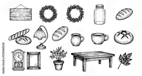 Hand drawn rustic elements collection for vintage home decor and kitchen