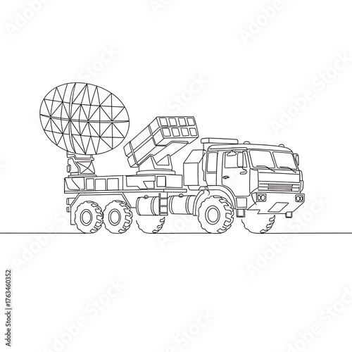 Radar Military Truck Illustration: A detailed line drawing showcases a powerful military truck equipped with advanced radar technology.