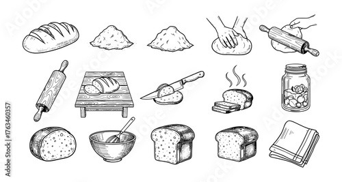 Hand-drawn bread baking process with ingredients and utensils
