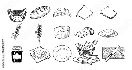 Hand drawn bakery items with bread, croissant, and butter