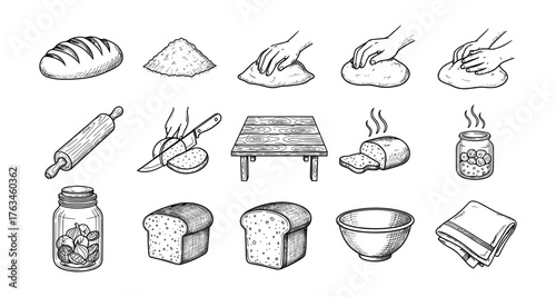 Handcrafted bread making process with ingredients and tools in rustic style