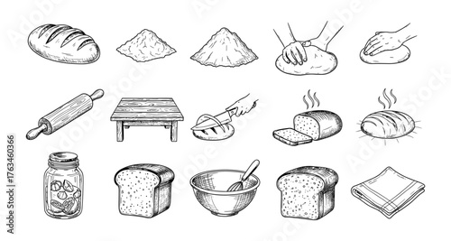 Artisan bread making set: handcrafted loaves and baking tools in vintage style